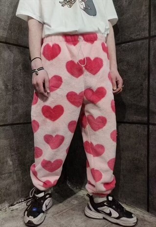 HEART FLEECE JOGGERS HANDMADE HEART OVERALLS IN PASTEL PINK