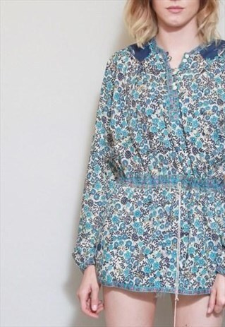 VINTAGE 1970'S BOHO STYLE BLUE FLORAL COTTON SHIRT