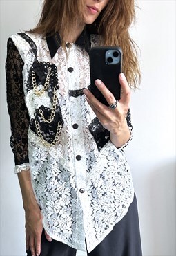 Avant Garde Party Lace Blouse With Gold Chains S M