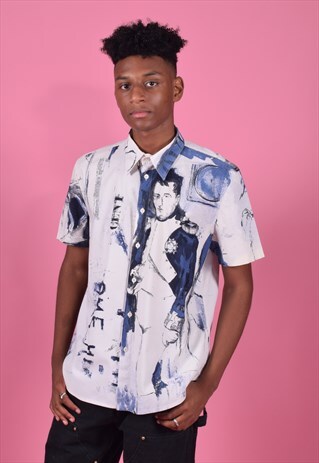 WHITE AND BLUE JUST CAVALLI NAPOLEON GRAPHIC SHIRT