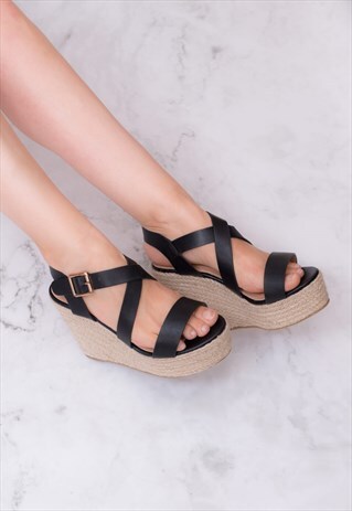 SOFIYA WEDGE HEEL SANDALS SHOES - BLACK LEATHER STYLE