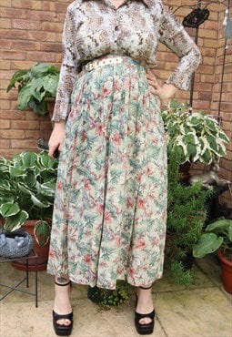 Vintage 90s Green Cottage Floral Leaves Festival Maxi Skirt