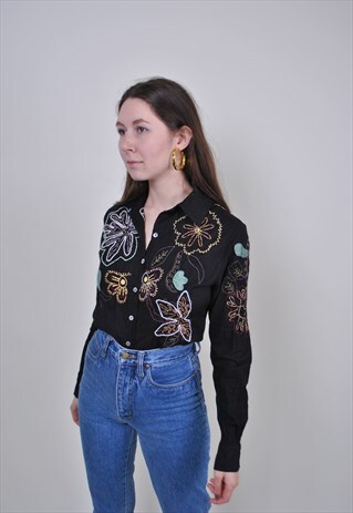 80S FLORAL EMBROIDERY BLACK SHIRT, VINTAGE FLOWERS BLOUSE