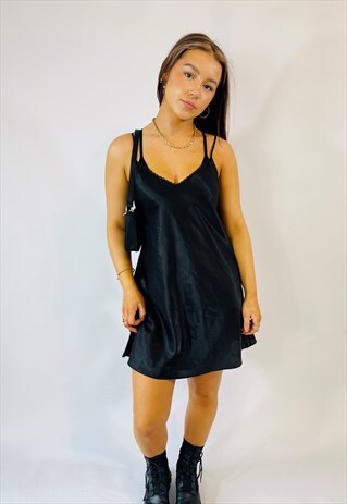 VINTAGE 00S Y2K BLACK SATIN SUMMER SLIP DRESS