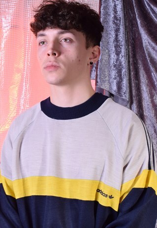 VINTAGE ADIDAS NAVY, GREY AND YELLOW JUMPER