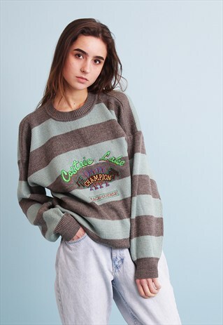 90'S RETRO STRIPED EMBROIDERY OVERSIZED KNITTED JUMPER TOP