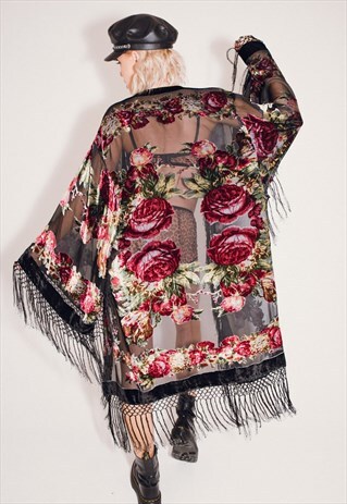 BURNOUT VELVET FESTIVAL KIMONO JACKET WITH FRINGING