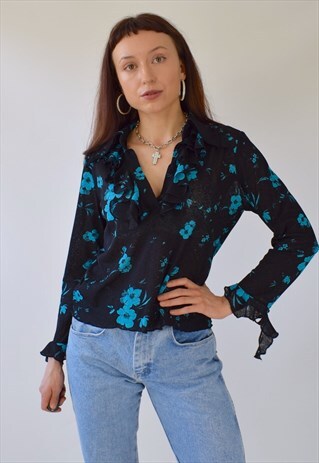 VINTAGE Y2K FLORAL MESH LETTUCE HEM FRILL BLOUSE TOP