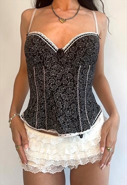 Vintage 00s C&A Black & White Floral Print Cupped Corset Top