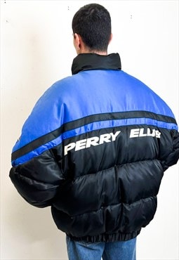 Vintage 90s Perry Ellis logo puffer blue jacket 