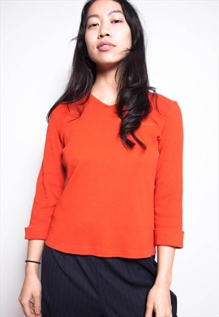 VINTAGE 90S REEBOK ORANGE STRIPED TOP ID:A085