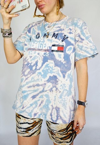 VINTAGE TOMMY HILFIGER 00S Y2K BLEACHED TSHIRT TOP TIE DYE
