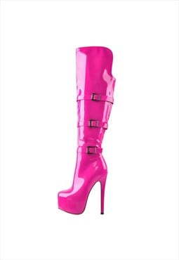 Round Toe Platform Over The Knee Rose Red Boots