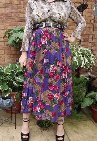 Vintage 80s Purple Paisley Floral Flower Festival Midi Skirt