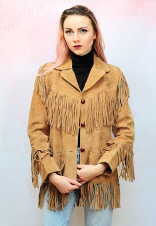 1970S VINTAGE REAL SUEDE LIGHT TAN TASSEL JACKET
