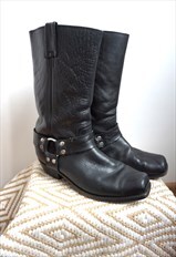Vintage Black Genuine Leather Cowboy Western Boots Shoes