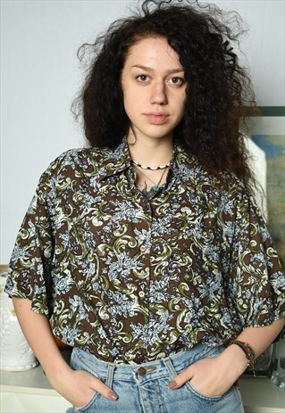 VINTAGE 80S ABSTRACT FLORAL BOTANICA PRINT BLOUSE TOP