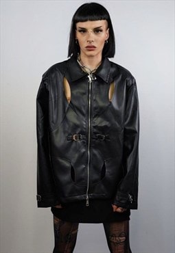 Faux leather racer jacket PU motor sport varsity cutout coat