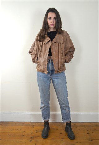 1980S VINTAGE LIGHT BROWN LEATHER BOMBER JACKET