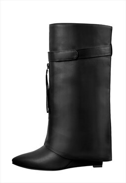 Black Pointed Toe Tassel Zipper High Heel Boots