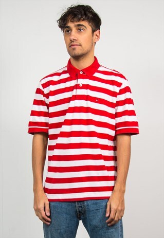 TOMMY HILFIGER POLO T-SHIRT RED AND WHITE STRIPED