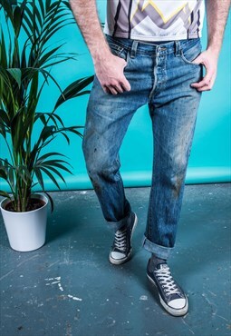 Vintage Levi's 501 Jeans in Blue Denim with Paint Marks