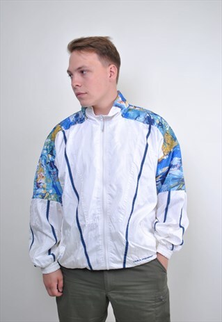 ABSTRACT PATTERN HIGH NECK WINDBREAKER, WHITE TRACK JACKET