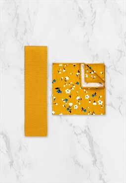 Yellow Cotton Floral Wedding Tie & Pocket Square Set