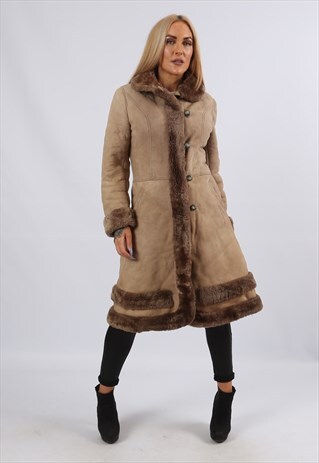 VINTAGE SHEEPSKIN SUEDE SHEARLING COAT MID LONG UK 8 (JDF)