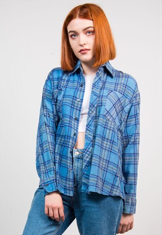 90'S BLUE CHECK GRUNGE FLANNEL SHIRT