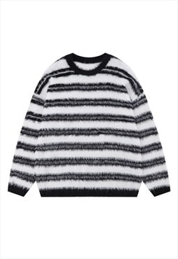 Striped sweater fluffy knitted jumper soft fleece in black