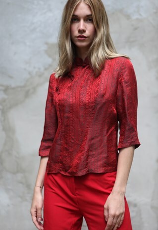 VINTAGE 90'S JAPANESE STYLE SILKY PATTERNED BLOUSE IN RED