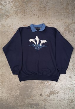 Vintage 90s Sweatshirt Embroidered Dolphins Blue