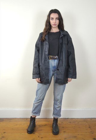 80S VINTAGE BLACK LEATHER BUTTON UP JACKET