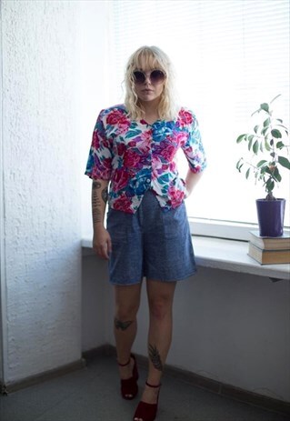 VINTAGE 80'S MULTICOLOUR FLOWER PRINT SHORT SLEEVED BLOUSE