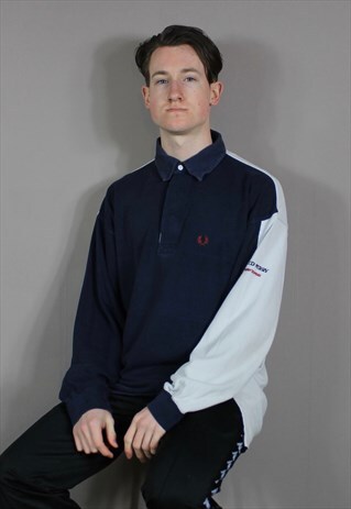 VINTAGE FRED PERRY POLO BUTTON UP SWEATSHIRT IN NAVY BLUE