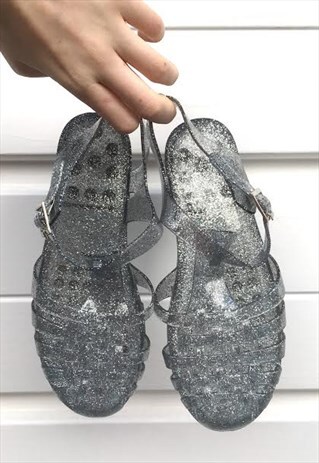 WOMENS VINTAGE FESTIVAL BOHO SILVER SPARKLY TBAR JELLY SHOES
