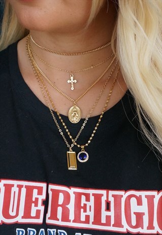 HALE MARY AND CROSS CHARM TRIPLE LAYERED NECKLACE