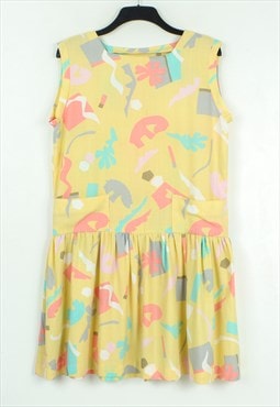 Vintage Women's XL Pastel Yellow Abstract Print Dress Dress