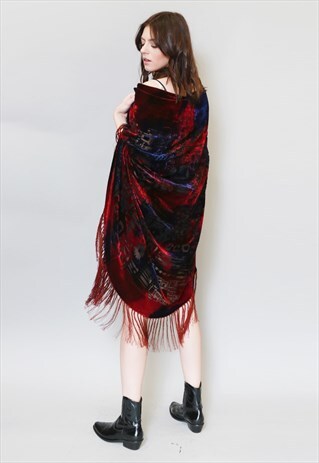 VINTAGE STYLE RED SILK VELVET FRINGED FESTIVAL CAPE