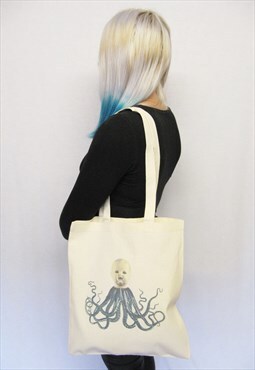 Tote Bag in Natural Canvas with Creepy Dolloctopus Print