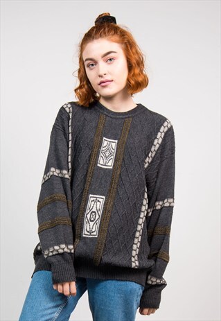 VINTAGE 90'S GREY GRANDAD KNIT OVERSIZE JUMPER