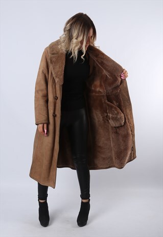 SHEEPSKIN SUEDE LONG COAT SHEARLING UK 12 MEDIUM (C9AB)