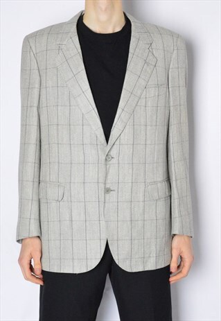 VINTAGE 90S LIGHT GREY CHECK WOOL BLEND BLAZER