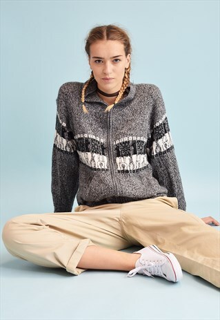 90'S RETRO ATHLEISURE JAZZY KNIT WOOLEN TEEN CARDIGAN