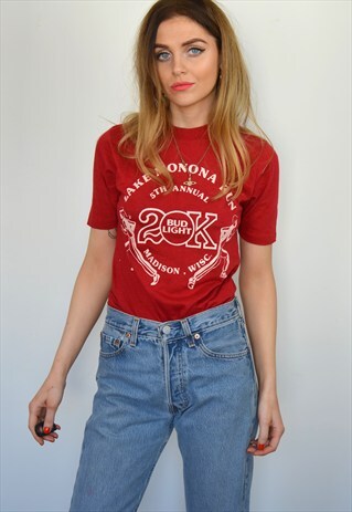 VINTAGE 90S RED & WHITE BUD BEER PRINTED T SHIRT