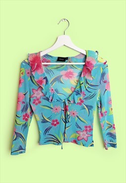 Y2K Frilly Ruffle Mesh Tie-up Blouse Tropical Flowers Top