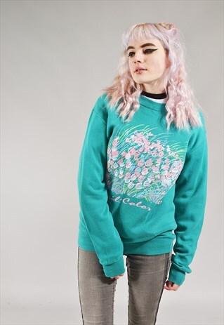 VINTAGE FLORAL SWEATER TEAL GREEN