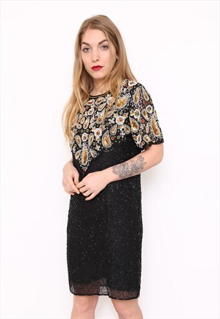 VINTAGE 80S SILK SEQUIN BEAD EMBELLISHED PARTY DRESS