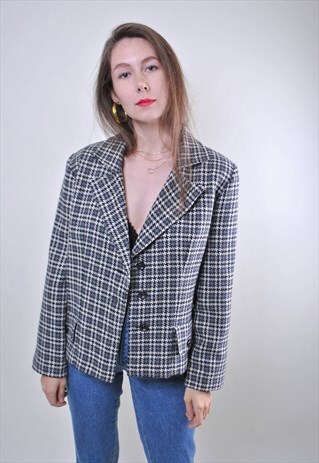 80S GREY PLAID WOMEN SUIT BLAZER, SIZE M